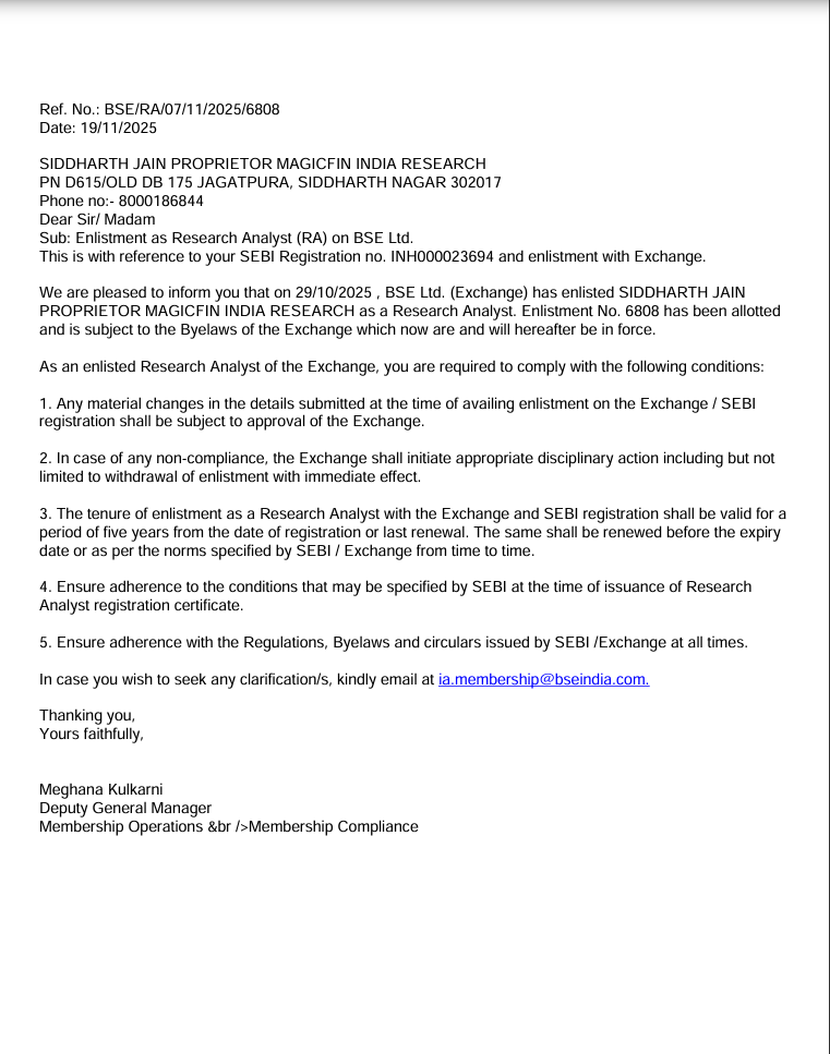 BSE Enlistment Certificate for MagicFin India Research, Registration No BSE/RA/07/11/2025/6808