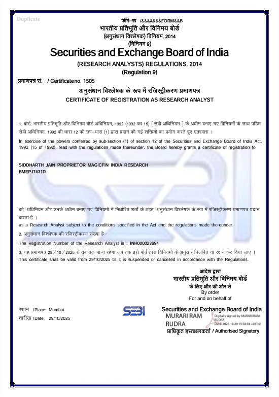 SEBI Registration Certificate validity period showing October 2025 to October 2030