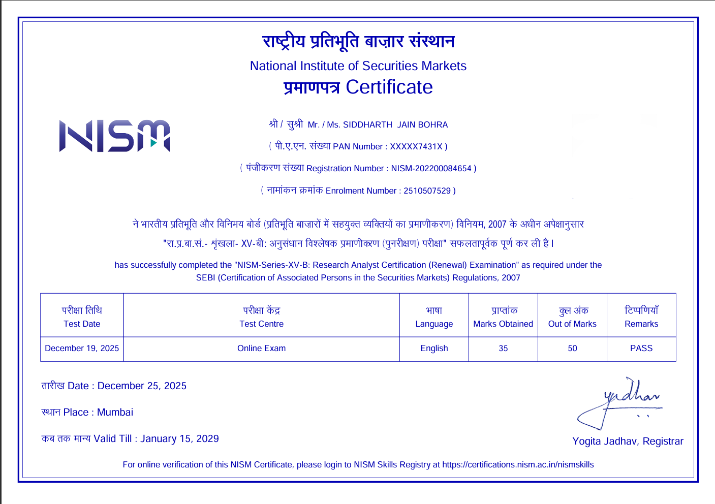 NISM Series XV-B Research Analyst Certification for Siddharth Jain